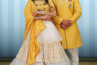 Couple Wear Yellow Pearl Beaded Indo Western and Lehenga Choli Set