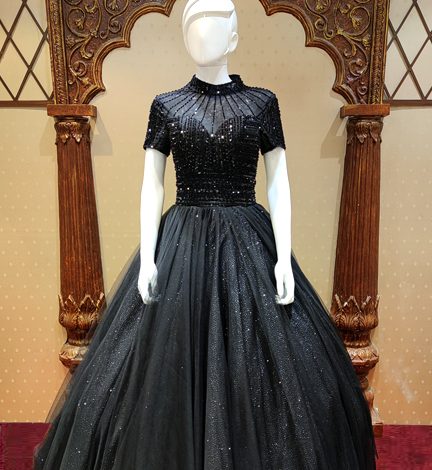 popin-V-BLACK STONE WORK BALL GOWN wedding gown on rent in Mumbai