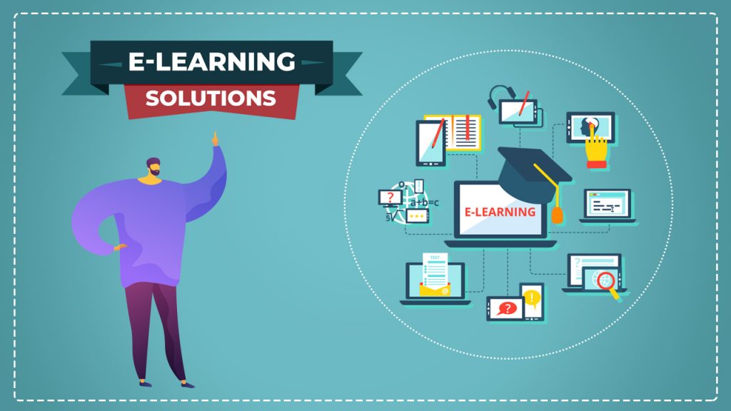 This image is an illustrative with a solid blue background with a creative boy of purple outfit that is pointing towards e-learning solutions banner