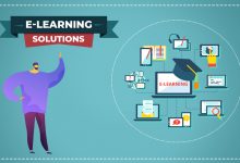 This image is an illustrative with a solid blue background with a creative boy of purple outfit that is pointing towards e-learning solutions banner