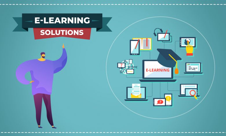 This image is an illustrative with a solid blue background with a creative boy of purple outfit that is pointing towards e-learning solutions banner
